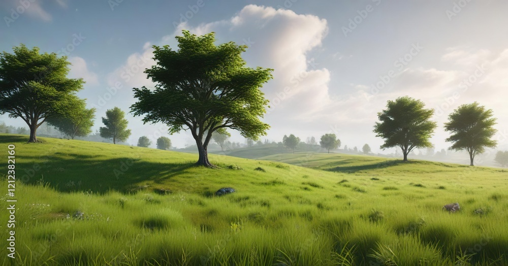 serene green grassy terrain with a few trees and a gentle breeze blowing, natural beauty, outdoor serene green grassy terrain with a few trees and a gentle breeze blowing, natural beauty, outdoor