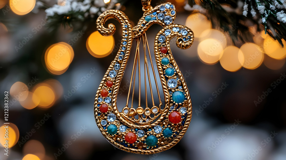 Photo - Golden Lyre Ornament, Jewels, Bokeh Lights, Winter Holiday Decor Photo - Golden Lyre Ornament, Jewels, Bokeh Lights, Winter Holiday Decor