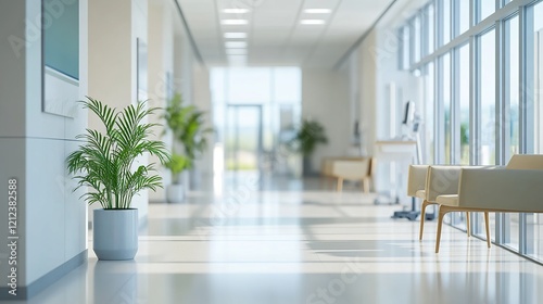 Modern  stylish hospital with blurred background. Clean  bright interior with comfortable seating and plenty of natural light. State-of-the-art equipment