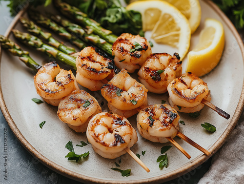 Grilled asparagus and shrimp skewers on a ceramic plate, garnished with lemon wedges and parsley. Soft, natural lighting with a summery outdoor dining vibe photo