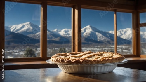 A freshly baked pie sits on a table with a stunning mountain view in the background.