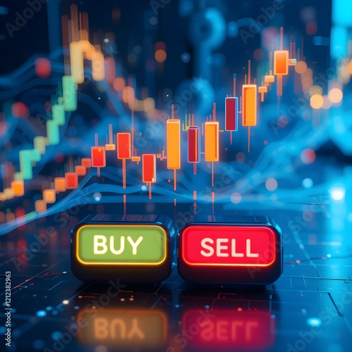 3D Illustration of Buy and Sell Buttons with Vibrant Financial Candlestick Charts and Market Trend Lines on a Dark Background for Trading Insights Business