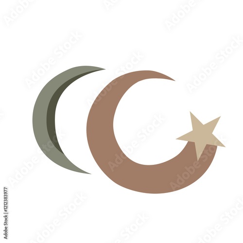Celestial elements featuring crescent moons and stars, in a harmonious palette of medium brown, sage green, dark olive, and warm beige, perfect for elegant and nature-inspired designs