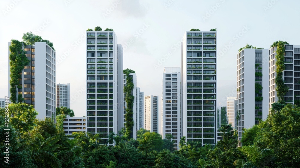 Modern EcoFriendly Apartment Buildings Surrounded by Lush Greenery Modern EcoFriendly Apartment Buildings Surrounded by Lush Greenery