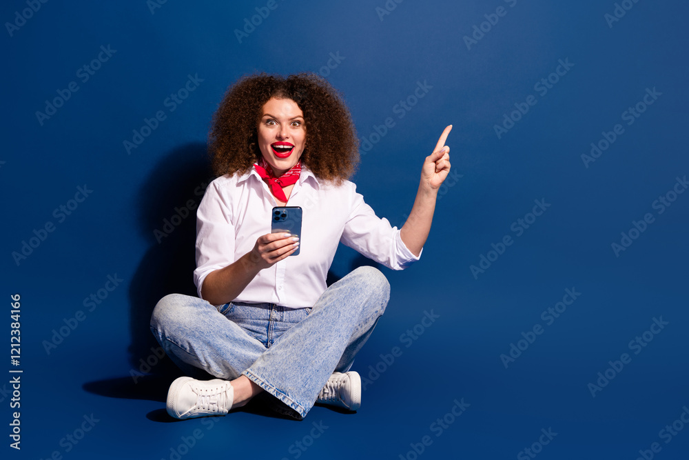 Εκτύπωση καμβά Full length photo of cheerful pretty lady dressed white shirt chatting modern ga