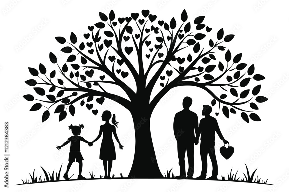 black silhouette happy family and love tree white background black silhouette happy family and love tree white background