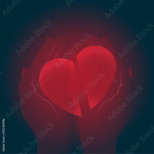 Broken heart is in the hands of a man on dark background. Vector flat illustration