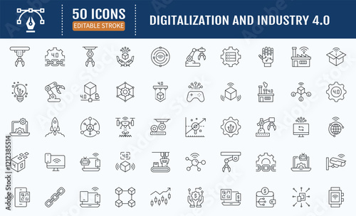 Digitalization and Industry 4.0 line editable icon set. Vector Illustration