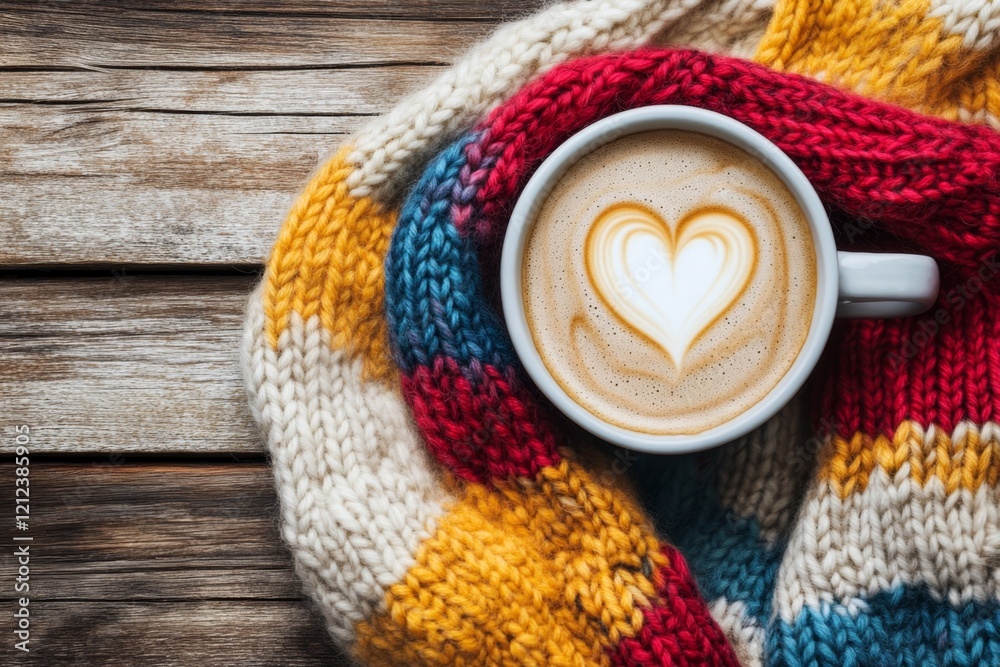 A colorful zigzag pattern on a knitted sweater, placed on a cozy wooden table with a cup of coffee A colorful zigzag pattern on a knitted sweater, placed on a cozy wooden table with a cup of coffee