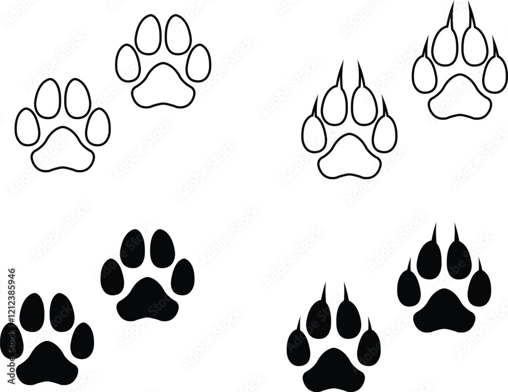 Fototapeta premium Dog paw print design flat and line icon set. Black vector collection isolated on transparent background. Footprint pet step symbol for animal zoo, vet logo element apps and websites.