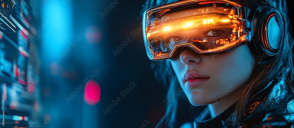 Cyberpunk Woman in VR Headset Exploring Digital World Cyberpunk Woman in VR Headset Exploring Digital World