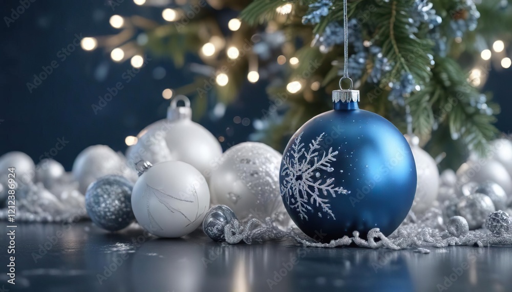Snowflakes gently falling onto a serene blue Christmas backdrop adorned with white ornaments and a glittering silver bauble, frozen scenery , icy landscape Snowflakes gently falling onto a serene blue Christmas backdrop adorned with white ornaments and a glittering silver bauble, frozen scenery , icy landscape