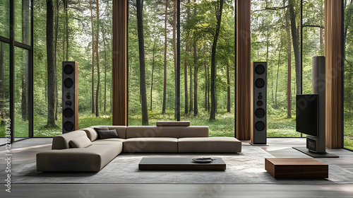 Illustration - Modern Living Room Interior Design with Forest View, Sofa, Coffee Table, Rug, and Audio System