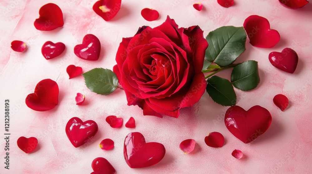 Romantic gesture red rose surrounded by heart decorations minimalist setting bright pastel background Romantic gesture red rose surrounded by heart decorations minimalist setting bright pastel background