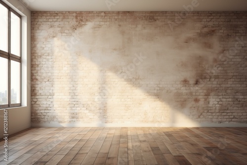 Empty room with exposed brick wall and wooden floor  illuminated by sunlight from large window