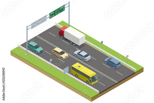 Traffic on a divided motorway with a large yellow bus, trucks, and cars. Overhead signs provide clear navigation. A clean, isometric vector representation of a highway. Highway, expressway, motorway