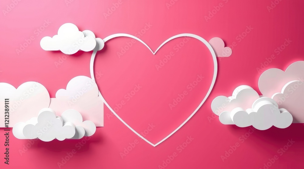Pink Heart Frame with Paper Clouds: Romantic Minimalist Design Pink Heart Frame with Paper Clouds: Romantic Minimalist Design