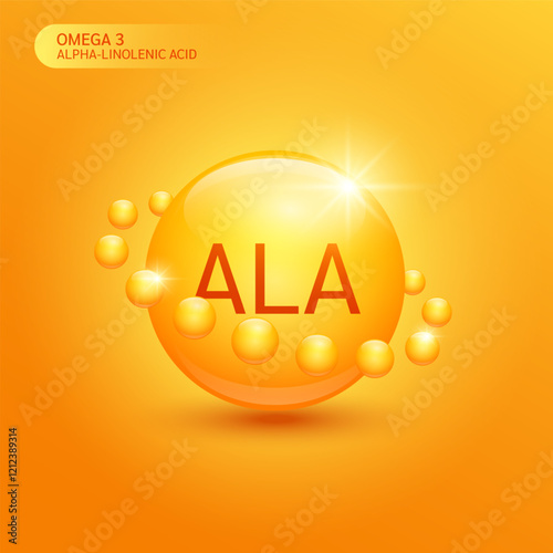 Orange ALA Alpha linolenic acid. Omega 3 fish oil fatty acids. For nutrition products food health. Medical scientific concepts. 3D Vector illustration.