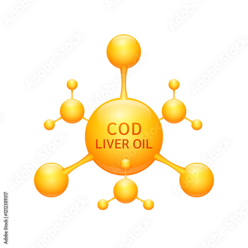 Cod liver oil fatty acids in orange molecular form on white background. For nutrition products food health ads. Medical scientific concepts. 3D Vector illustration.