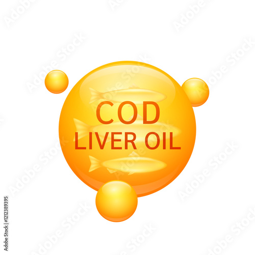 Orange cod liver oil or Omega 3 fatty acids on white background. Extracted from nature salmon. Vitamins collagen essential to the health for the body. For dietary nutritional supplement. Vector.