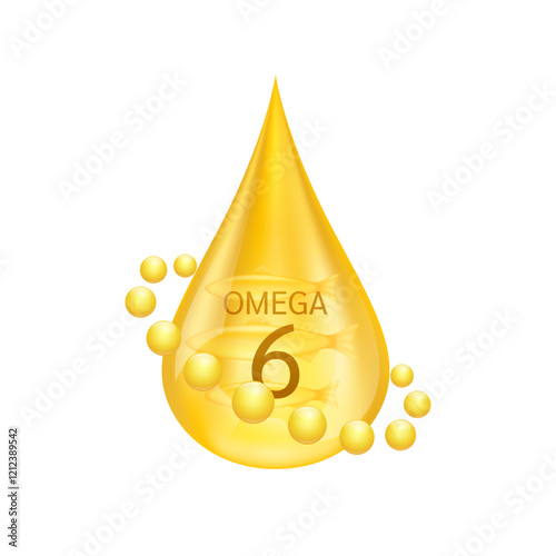 Fish oil omega 6 fatty acids on white background. For nutrition products food health ads. Medical scientific concepts. 3D Vector illustration.