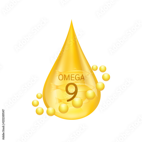 Fish oil omega 9 fatty acids on white background. For nutrition products food health ads. Medical scientific concepts. 3D Vector illustration.