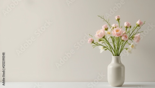 A white vase holds a bouquet of light pink and white flowers with green stems and leaves, set against a plain light background, symbolizing the freshness and renewal of spring