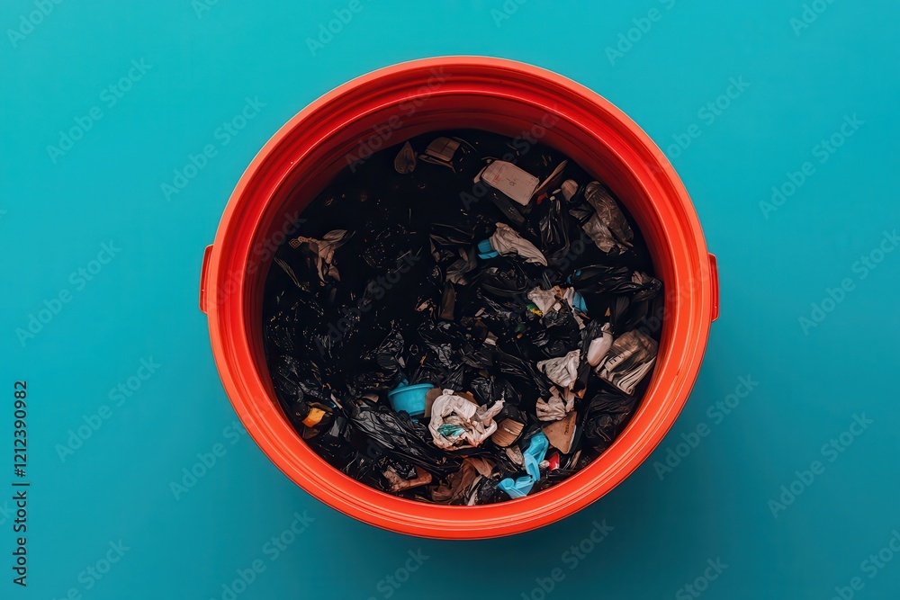 Waste management: Recycling innovation for a zero-waste future Container filled with trash on a blue background. Waste management: Recycling innovation for a zero-waste future Container filled with trash on a blue background.
