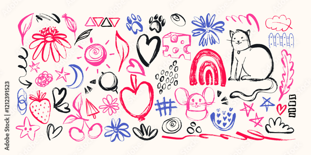 Colorful Set of Grunge Charcoal and Pencil Girly Sketches. Hand drawn design doodle shapes. Creative playful banner with graffiti abstract elements Colorful Set of Grunge Charcoal and Pencil Girly Sketches. Hand drawn design doodle shapes. Creative playful banner with graffiti abstract elements