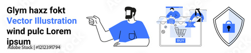 Man pointing towards two individuals on laptop shopping page and shield with lock icon. Ideal for e-commerce, online shopping, cybersecurity, data protection, digital transactions, website security