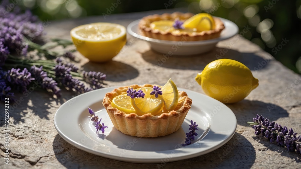 A lemon tart garnished with slices and lavender, set outdoors with fresh lemons. A lemon tart garnished with slices and lavender, set outdoors with fresh lemons.