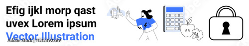 Female character pointing at data chart, adjacent to calculator, apple, and lock icons. Ideal for financial security, healthy lifestyle, education, data analysis, business planning diet management