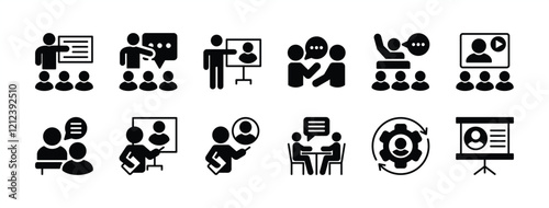 Training and workshop excellent icon set. Containing education, coaching, communication, presentation, discussion, learning, lecture, teaching, meeting, teamwork, business briefing vector illustration