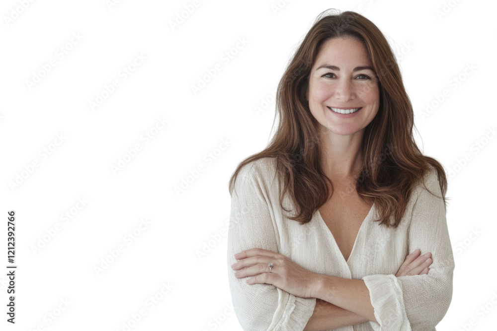 Portrait of 50 years old smiling woman looking at camera with crossed arms. Happy girl standing in creative office. Successful businesswoman standing in white background Portrait of 50 years old smiling woman looking at camera with crossed arms. Happy girl standing in creative office. Successful businesswoman standing in white background