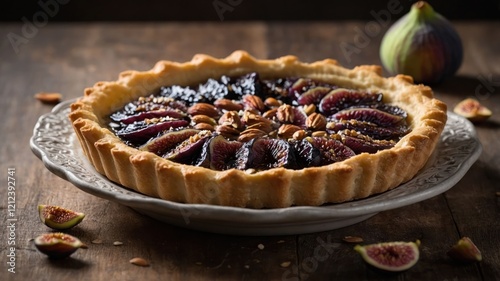 A beautifully arranged fig tart on a rustic wooden table, showcasing its ingredients and texture.