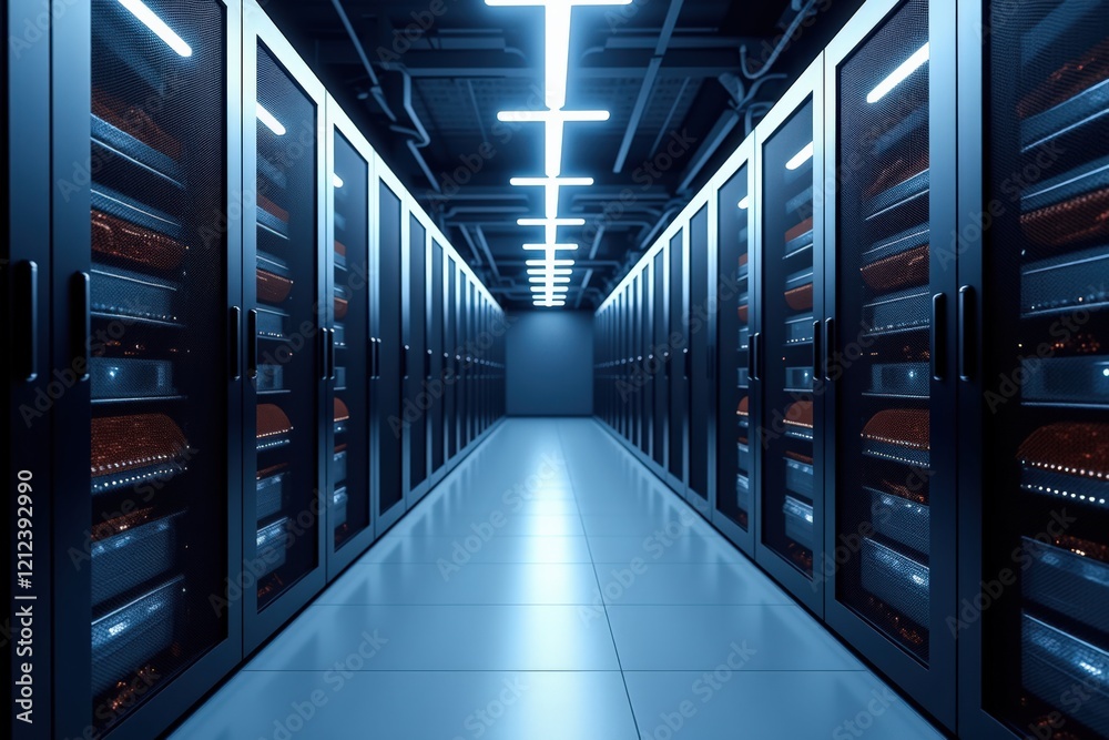 Futuristic Data Center Corridor Showcasing Rows of High-Tech Server Racks with Ambient Lighting in a Modern IT Infrastructure Environment Futuristic Data Center Corridor Showcasing Rows of High-Tech Server Racks with Ambient Lighting in a Modern IT Infrastructure Environment