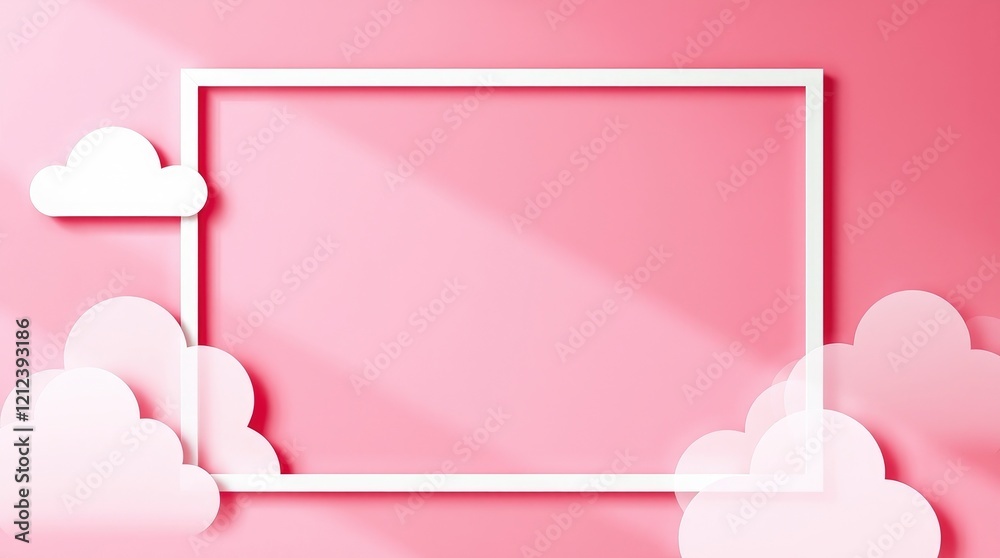 Pink background vector illustration in paper cut style, featuring white clouds inside a white heart frame, soft light, dreamy atmosphere, rich burgundy space for text Pink background vector illustration in paper cut style, featuring white clouds inside a white heart frame, soft light, dreamy atmosphere, rich burgundy space for text