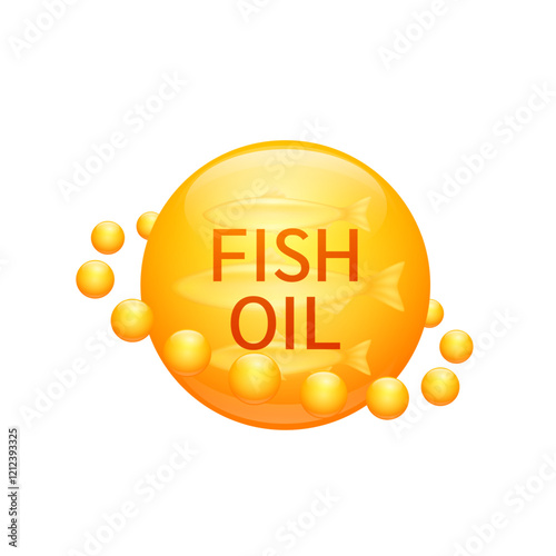 Orange fish oil or Omega 3 fatty acids on white background. Extracted from nature salmon. Vitamins collagen essential to the health for the body. For dietary nutritional supplement. Vector.