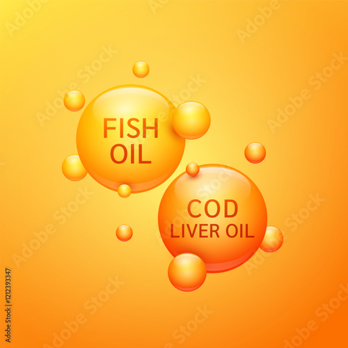 Cod liver oil and Fish oil fatty acids on orange background. For nutrition products food health ads. Medical scientific concepts. 3D Vector illustration.