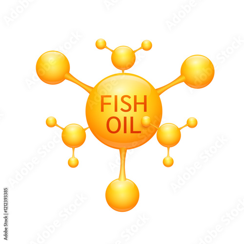 Fish oil fatty acids in orange molecular form on white background. For nutrition products food health ads. Medical scientific concepts. 3D Vector illustration.