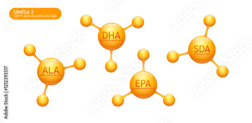 Omega 3 fish oil fatty acids ALA DHA EPA and SDA in orange molecular form on white background. For nutrition products food health ads. Medical scientific concepts. 3D Vector illustration.