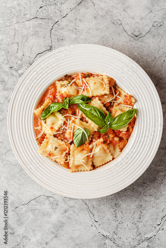 ravioli in tomato sauce with basil