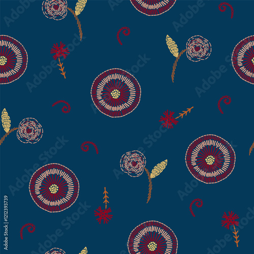 Artistic Floral Prints, colorful Background, abstract shapes, Flowers, hand drawn embroidery. Decorative intricate quilting pattern, trendy geometric ornament. Vector