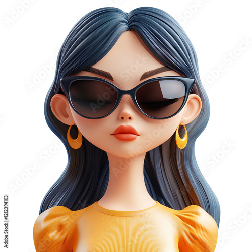Stylish 3D Cartoon Girl, Sunglasses, Yellow Dress