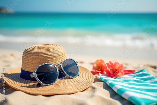 Relaxation Essentials: Sun Hat, Sunglasses, Beach Towel, and Tropical Flowers on a Sandy Shoreline with Clear Blue Ocean in Background photo