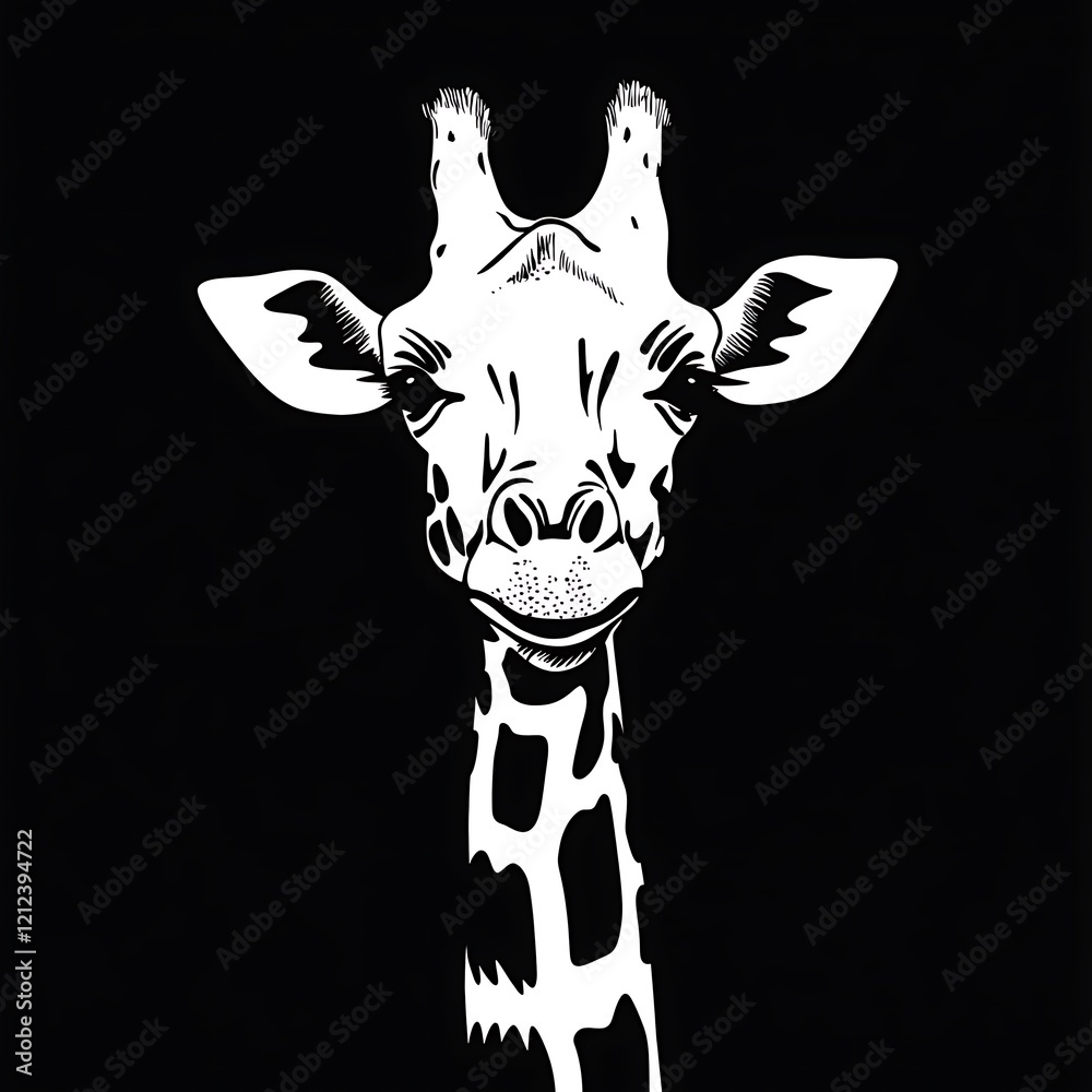 Fototapeta premium Giraffe portrait on black background. Possible use Design element, social media, print