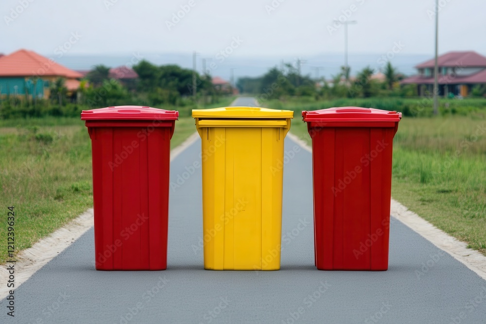 Waste management: Recycling innovation for a zero-waste future Colorful trash bins lined up on a road in a grassy area. Waste management: Recycling innovation for a zero-waste future Colorful trash bins lined up on a road in a grassy area.