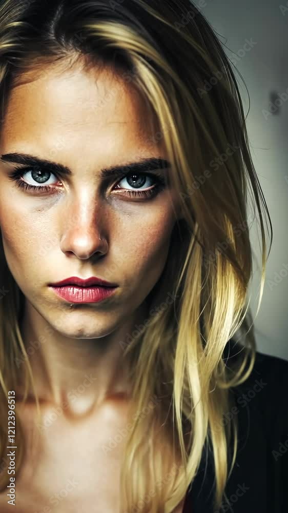 Strong gaze of a young woman with blonde hair in a minimalist setting Strong gaze of a young woman with blonde hair in a minimalist setting