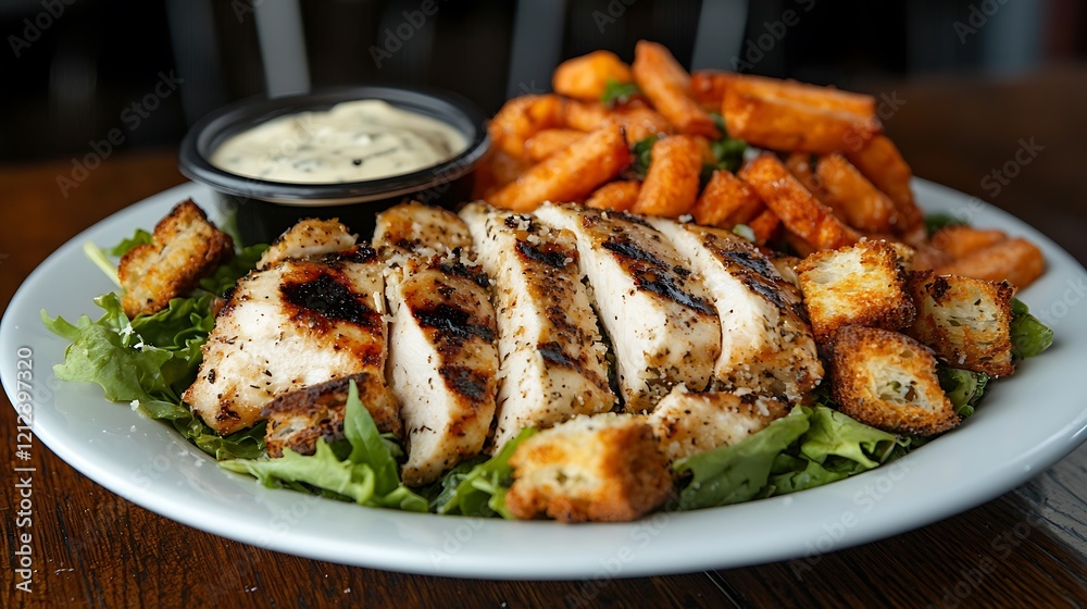 Grilled Chicken Caesar Salad with Sweet Potato Fries Grilled Chicken Caesar Salad with Sweet Potato Fries