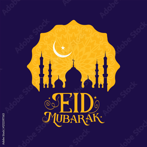 Eid Mubarak premium banner featuring a flat vector illustration on a dark background with a yellow mandala, moon, stars, calligraphy, Islamic lights, a mosque, and minaret design.